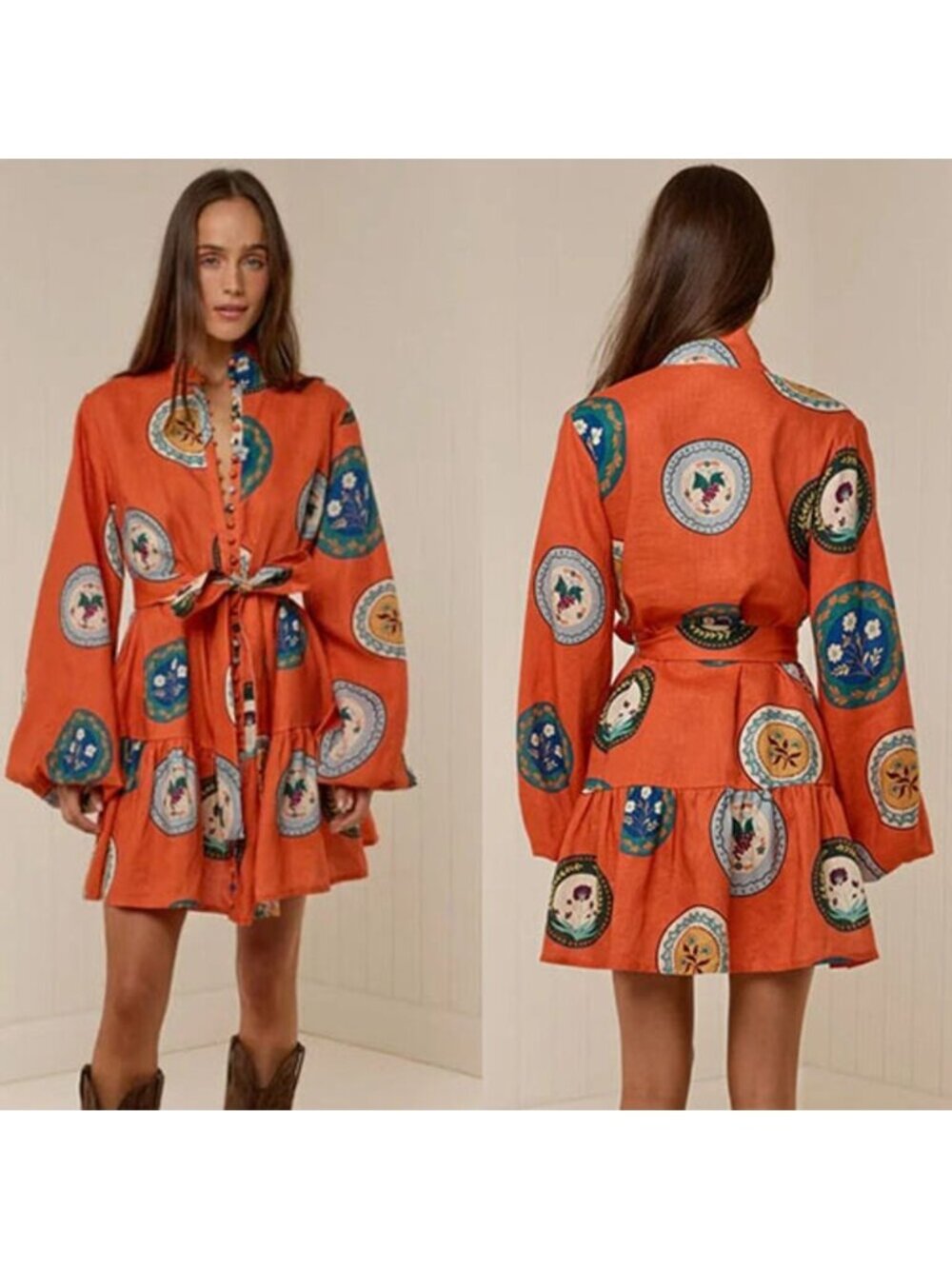 NEW Palm Noosa Austin Linen Long Balloon Sleeve Mini Dress in Orange